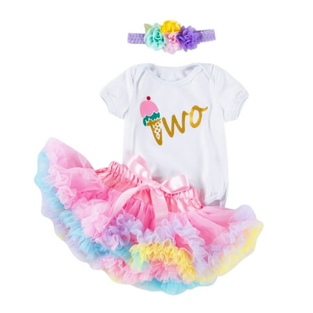 

soikfihs Baby Girls Short Sleeve Catrtoon Print Romper Tops Tutu Skirt With Headbands 3PCS Outfits Set