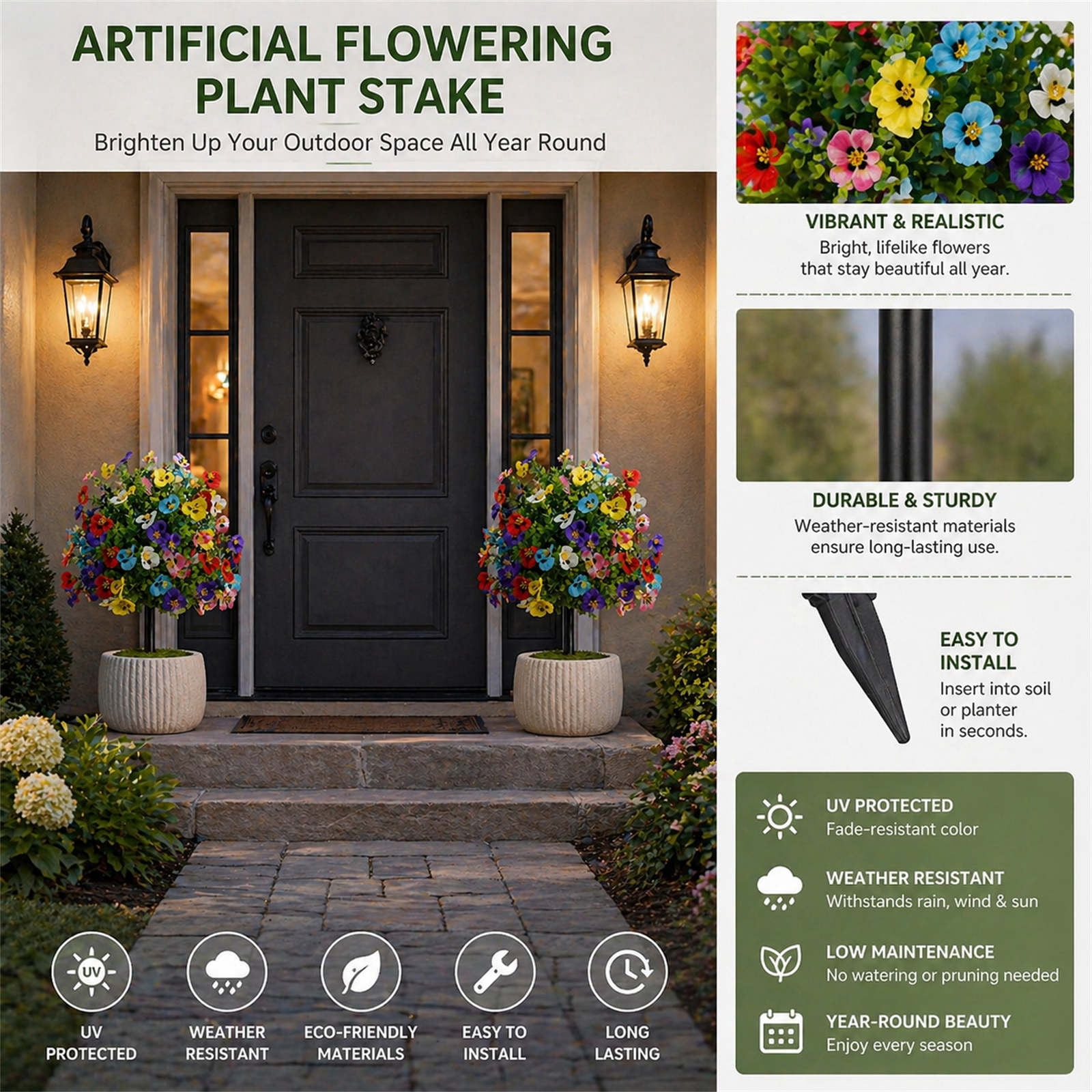 Artificial Flowers for Outside,Flower Sticks,Artificial Boxwood Topiary Ball Bushes with Violet Flowers Outdoor Plants with Ground Spike,22IN(C)