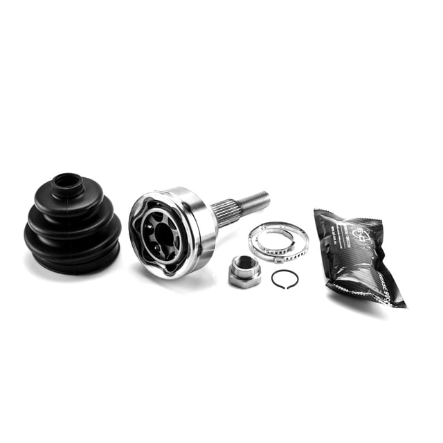 junta homocinética liberty 2002 a 2007 jeep lado rueda estriado 27/35 4wd SYD kit con fuelle, abrazadera, anillo de retención, tuerca y paquete de grasa; vista frontal centrada de la carcasa metálica y eje estriado sobre fondo blanco.