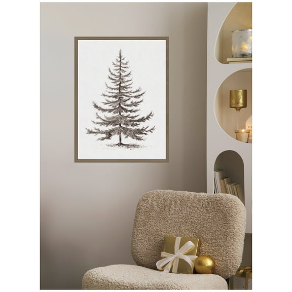 Kate and Laurel Framed Canvas Wall Art Print 'Vintage Evergreen Fir Tree lllustration II' by The Creative Bunch Studio, 18 x 24 Sylvie Dark Gold Frame, Vintage, Landscape Art for Wall Decor