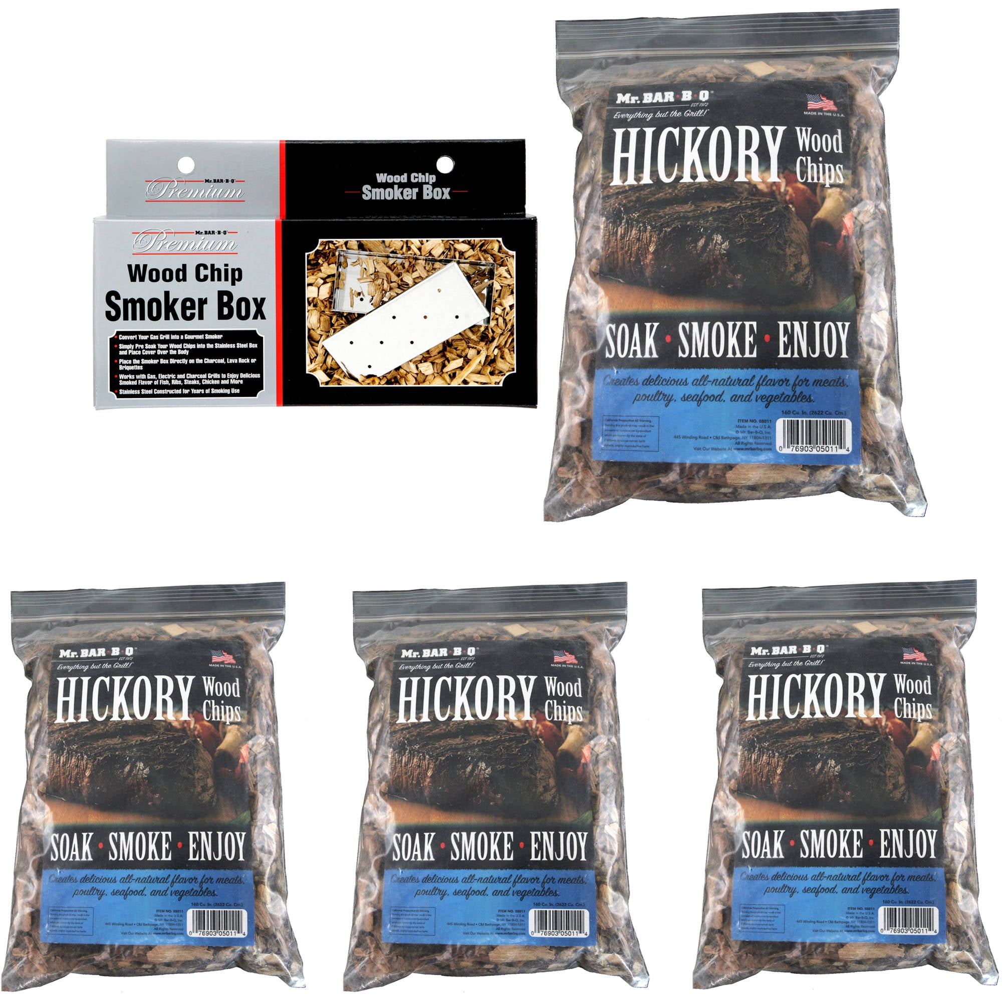 Mr. BarBQ Wood Chip Smoker Box with Lid and 4 Bags of Hickory Chips
