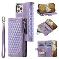 Dteck Case for iPhone 12 Pro Max,Magnetic Leather Crossbody Zipper Wallet Bag Card Pocket Case Shockproof Rubber Kickstand with Hand/Shoulder Strap Cover,Purple