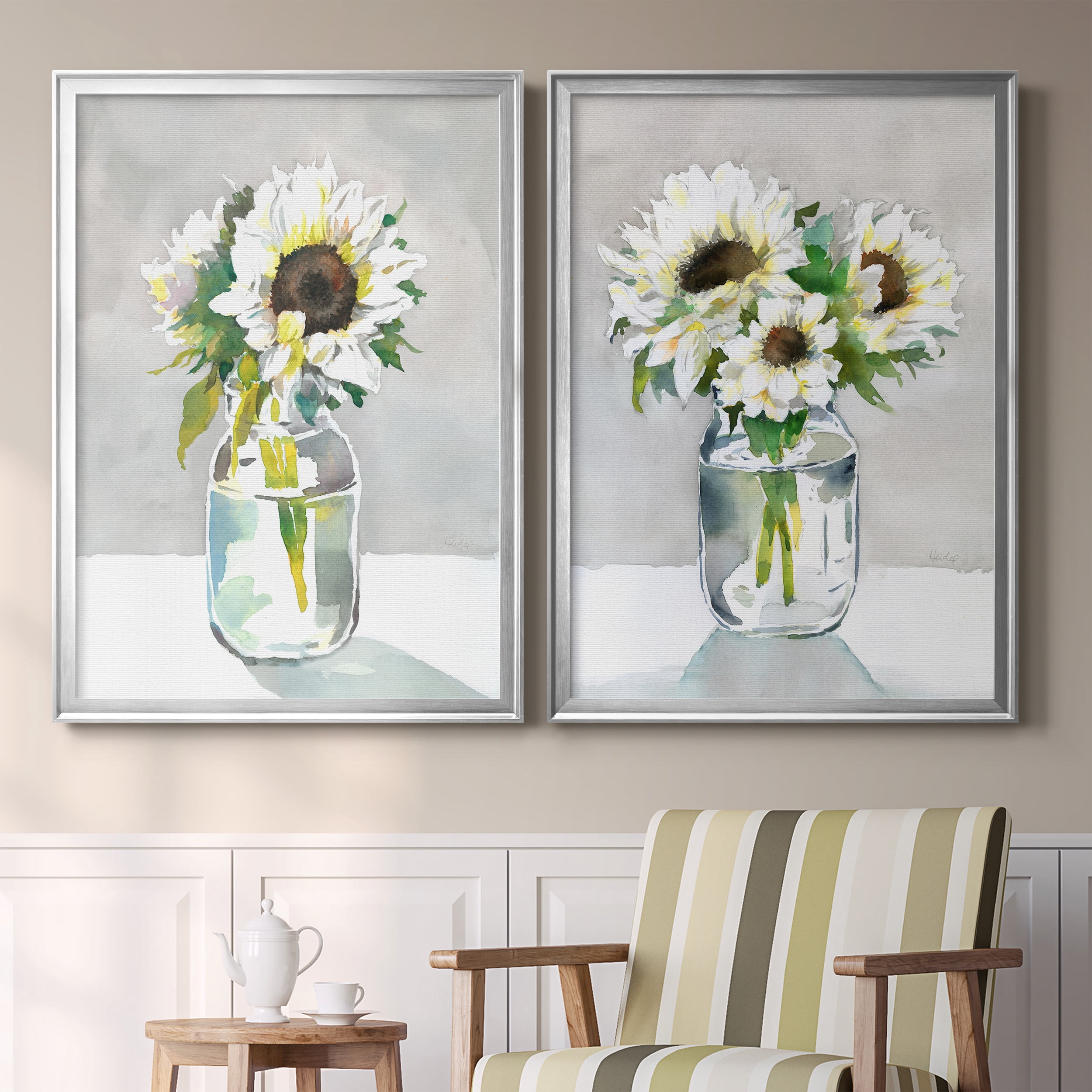 2 Piece Set Sunflower I Premium Framed Canvas - Ready to Hang - 26.5 x 36.5 Each - Silver Frame