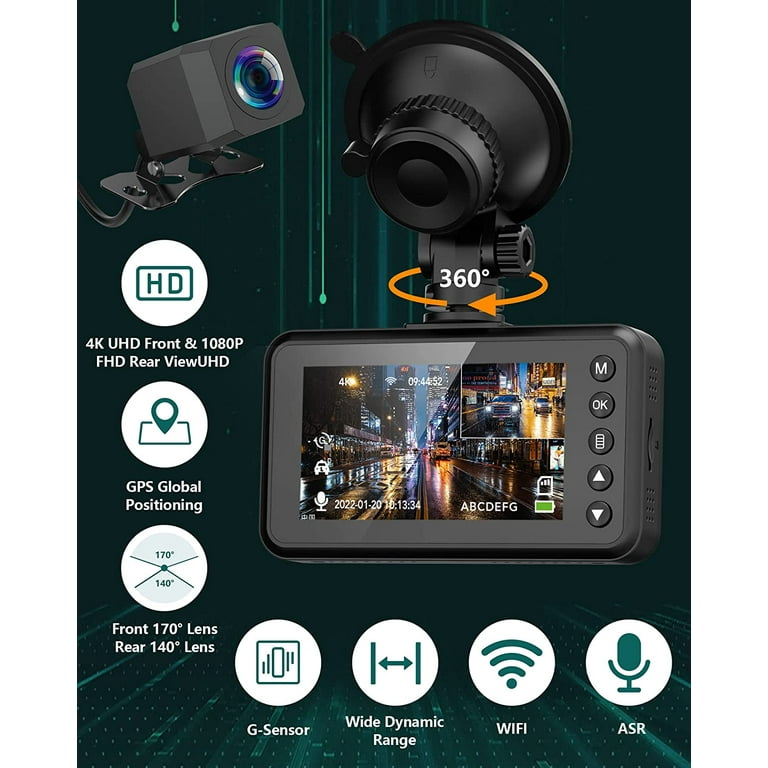 4K Dash Cam, Built-in GPS, WiFi Dash Camera for Cars, 2160P UHD 30fps  Dashcam with APP, 2.4 IPS Screen, Night Vision, WDR, 150° Wide Angle, 24-Hr  Parking Mode, Supports 128GB Max 