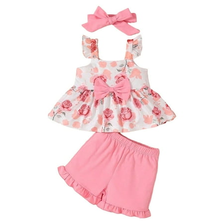 eczipvz Toddler Baby Girl Clothes 2Pcs Baby Girl Summer Outfits Ruffle Sleeveless Shirts Floral Tops + Shorts Clothing Set Pink 2-3 Years