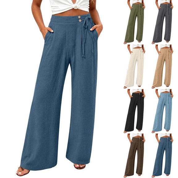 Women Solid Loose Casual Long Pants, Decorative Tie and Button Design Trousers with Side Pockets Blue XL(XL)