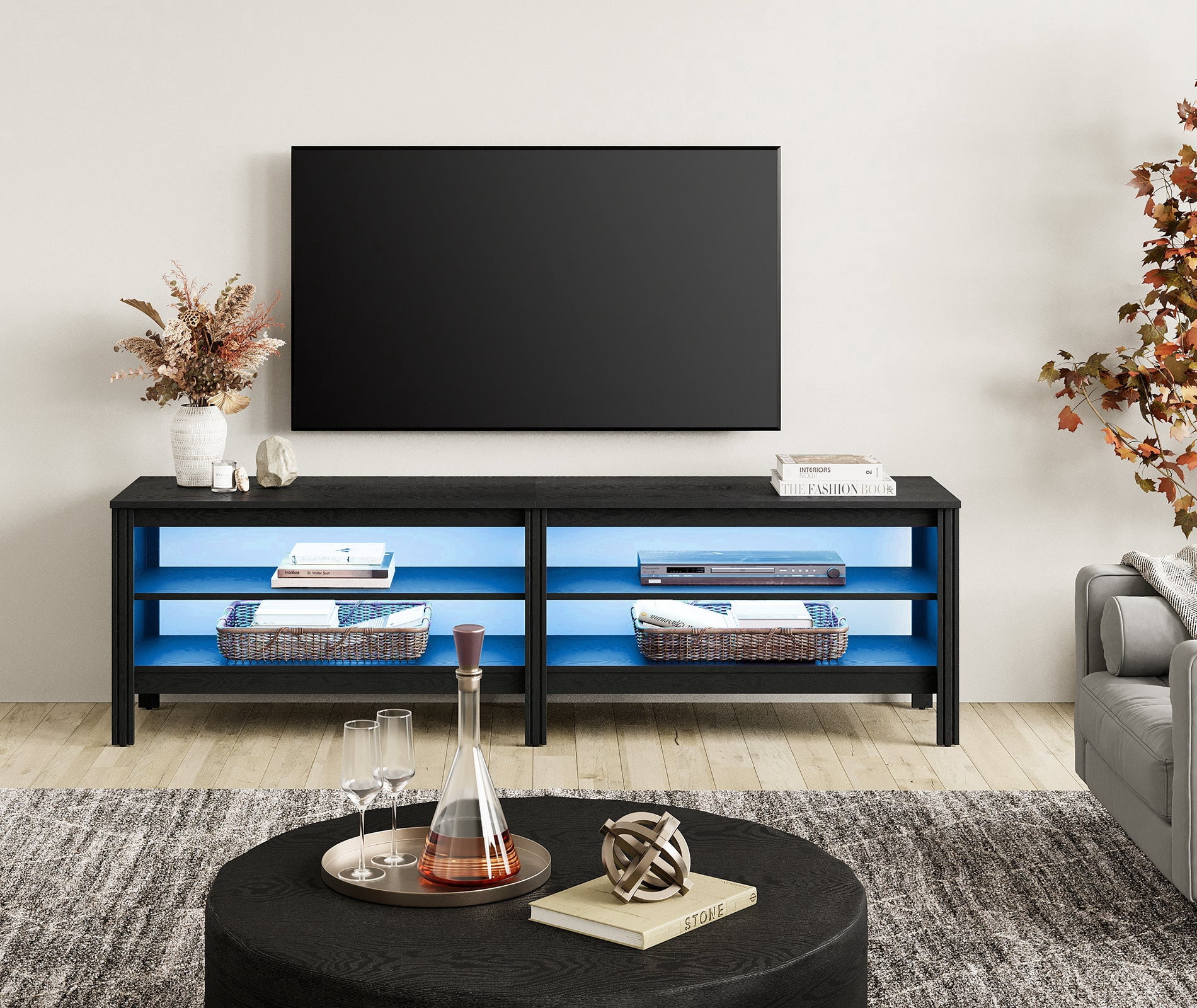 Fitueyes Mid-century Modern TV Stand for 75" TV, black Media Console with Open Shelves and LED Light for Living Room, 70 Inch