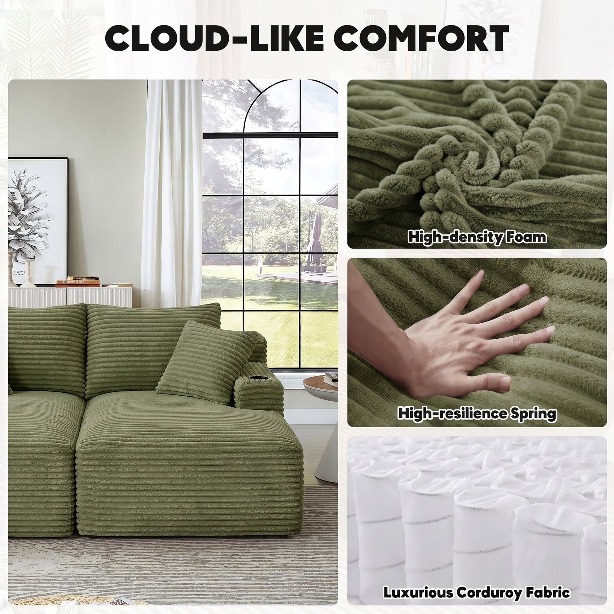 Aukfa 69" Oversized Double Chaise Lounge Boneless Couch Modular Loveseat Sleeper Sofa Bed for Living Room, 2 Cup Holders, Corduroy, Green