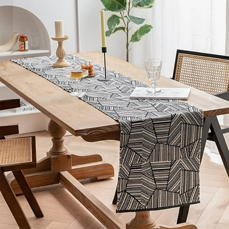 

Fennco Styles Reversible Woven Geometric Table Runner 14 W x 87 L - Black Textured Table Cover for Home Dining Table Décor Banquets Holidays