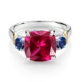 thumbnail image 2 of Gem Stone King 925 Silver and 10K Yellow Gold Red Created Ruby and Blue Created Sapphire 3 Stone Ring for Women (5.50 Cttw, Gemstone July Birthstone, Cushion 10MM, Round 4MM, Size 6), 2 of 3