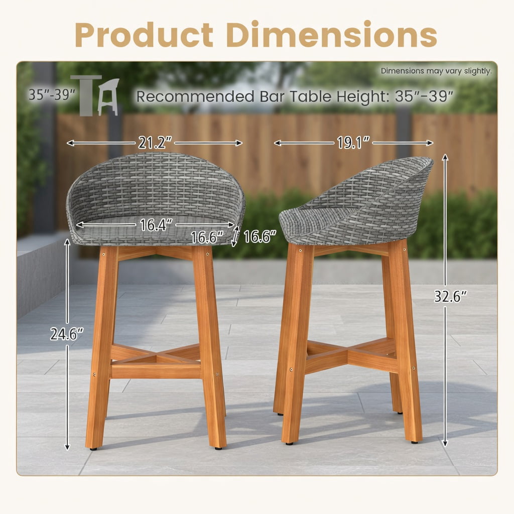 Hommoo 2-Piece Outdoor Bar Stool Set, PE Rattan & Solid Acacia Wood, Ergonomic Backrest, Footrest, Weather-Resistant, Natural