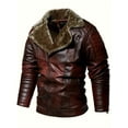 thumbnail image 3 of Warm Fleece Classic Design PU Bomber Jacket, Men's Casual Zip Up Lapel Faux Leather Jacket For Fall Winter, 3 of 5