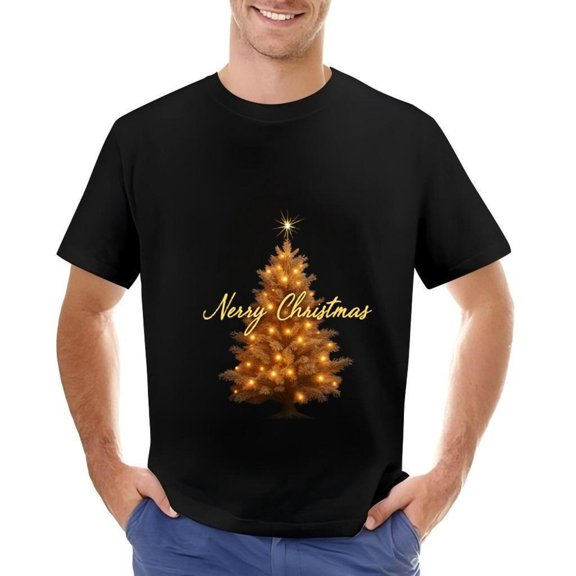 Men's Cotton Short Sleeve T-Shirt with Golden Christmas Tree Design & ' Merry Christmas ' Text - Festive Holiday
