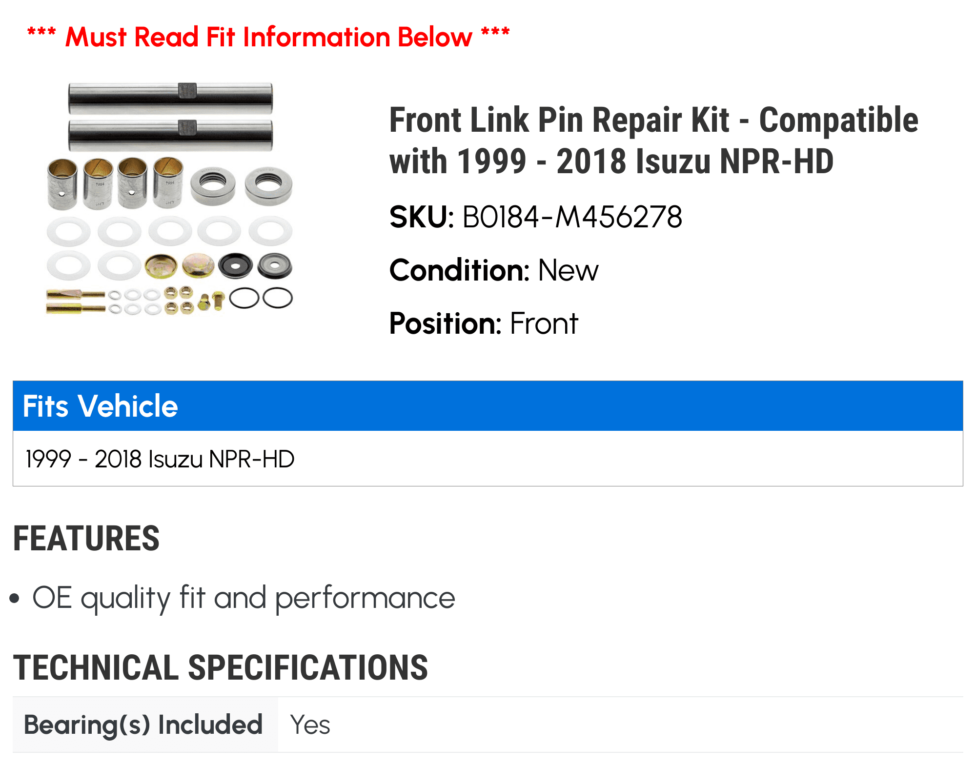 Front Link Pin Repair Kit - Compatible with 1999 - 2018 Isuzu NPR-HD 2000 2001 2002 2003 2004 2005 2006 2007 2008 2009 2010 2011 2012 2013 2014 2015 2016 2017