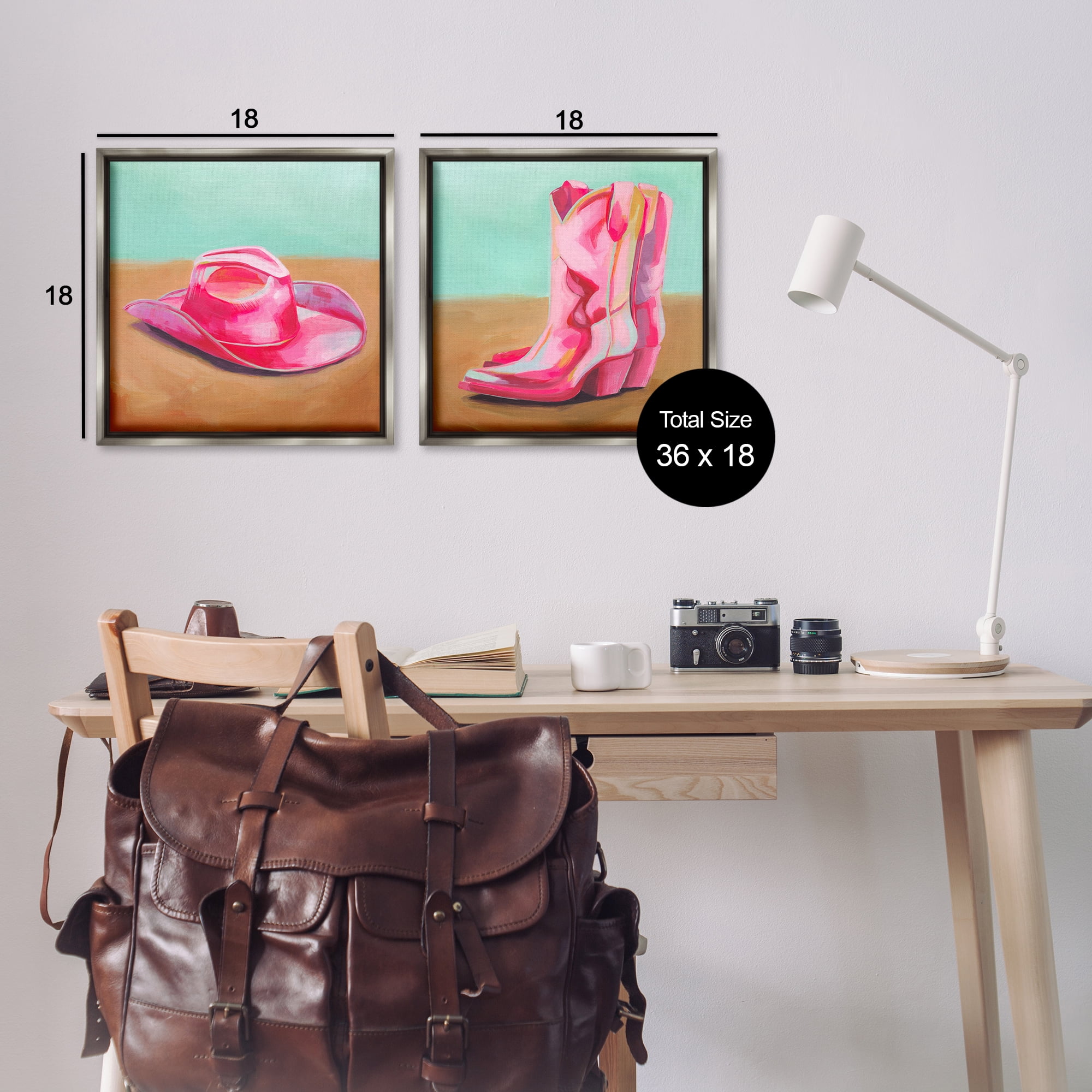 Stupell Industries Pink Theme Cowgirl Fashion Entertainment Painting Gray Floater Framed Canvas Art Print Wall Art, 18 x 18, Set of 2
