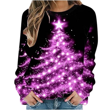 asdoklhq Sweater Sets for Women s Christmas Print Loose Round Neck Sweatshirt Long Sleeved Hooded Sweatshirt Blue M