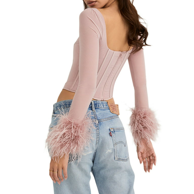 wybzd Women Feather Trim Long Sleeve Top Mesh Sleeve Bustier Corset Top  Tight Shirt Faux Fur Blouse Pink S
