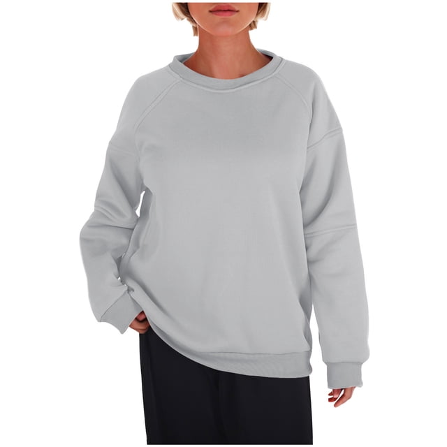 Admvng Chandail en Molleton Surdimensionné pour Femmes Mode Manches Longues Col Rond Chandail Sans Capuche Chandails en Molleton Couleur Unie Athleisure Femmes P-2TG