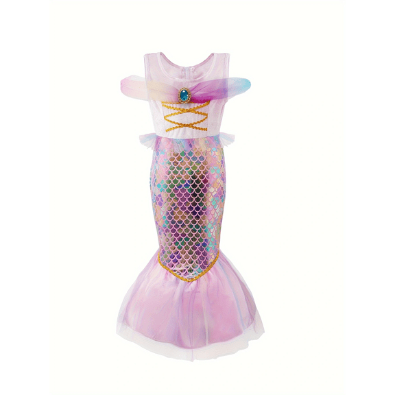 AOKAOK Girls Mermaid Costume, Shimmering Iridescent Scale Princess Outfit with Tail, Halloween Cosplay Dress for Birthday Party, 5-6Y