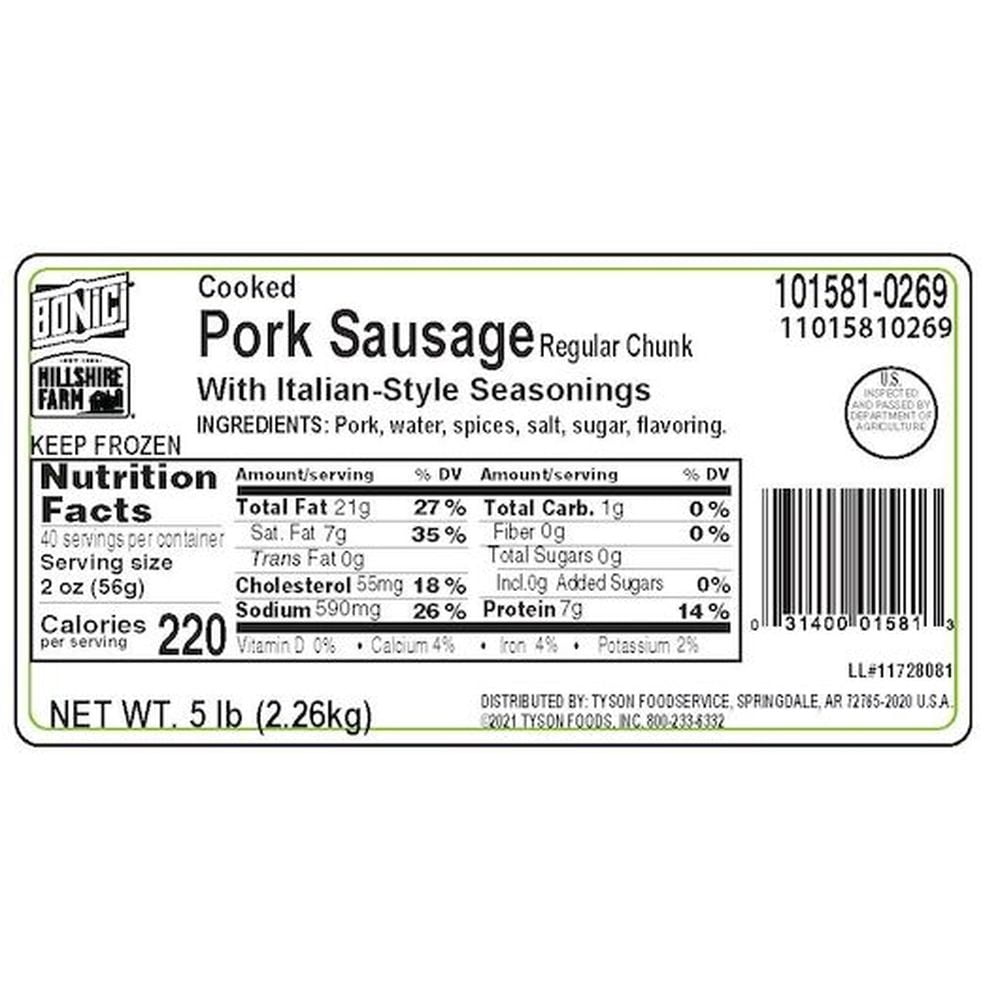Tyson Italian Style Regular Chunk Pork Sausage Seasoning Pizza Topping, 5 Pound -- 2 per case.