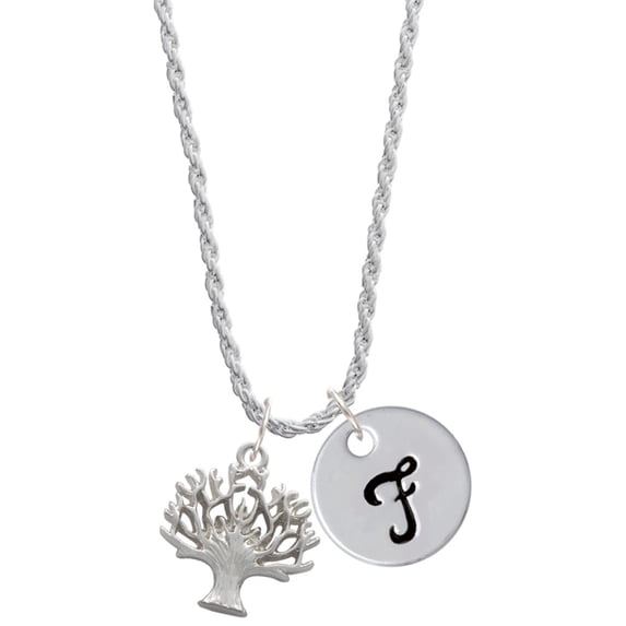Delight Jewelry Silvertone Tree of Life Silvertone Script Initial Disc - F - Charm Necklace, 20"+3"