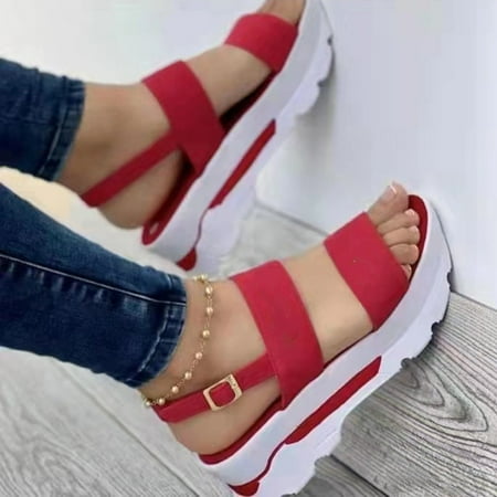 

HRSR Women s Summer Open Toes Sandals Breathable Ankle-Strap Shoes Pin Buckle Closure(Red 41)