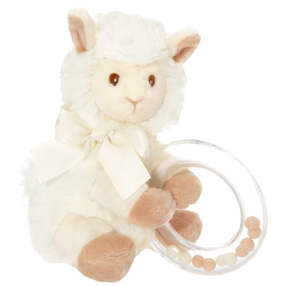 Bearington Collection Llama Shaker Rattle Baby Toys - 5.5 in Plush Faux-Fur Llama with Satin Bow - Clear Bead Ring for Sensory & Tummy Time Play