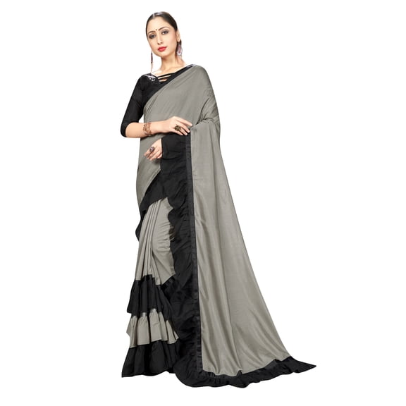 Sarees for Women Georgette Ruffle - Frill Saree | Ethnic Indian Gift Traditional Wedding Gift Sari with Unstitched Blouse Gray