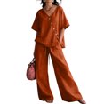 thumbnail image 2 of Women's 2 Piece Cotton Linen Set, V-Neck Short Sleeve Button Top & Drawstring Wide Leg Pants, Casual Summer Loungewear Outfit with Pockets, Loose Fit,Saffron,XL, 2 of 5