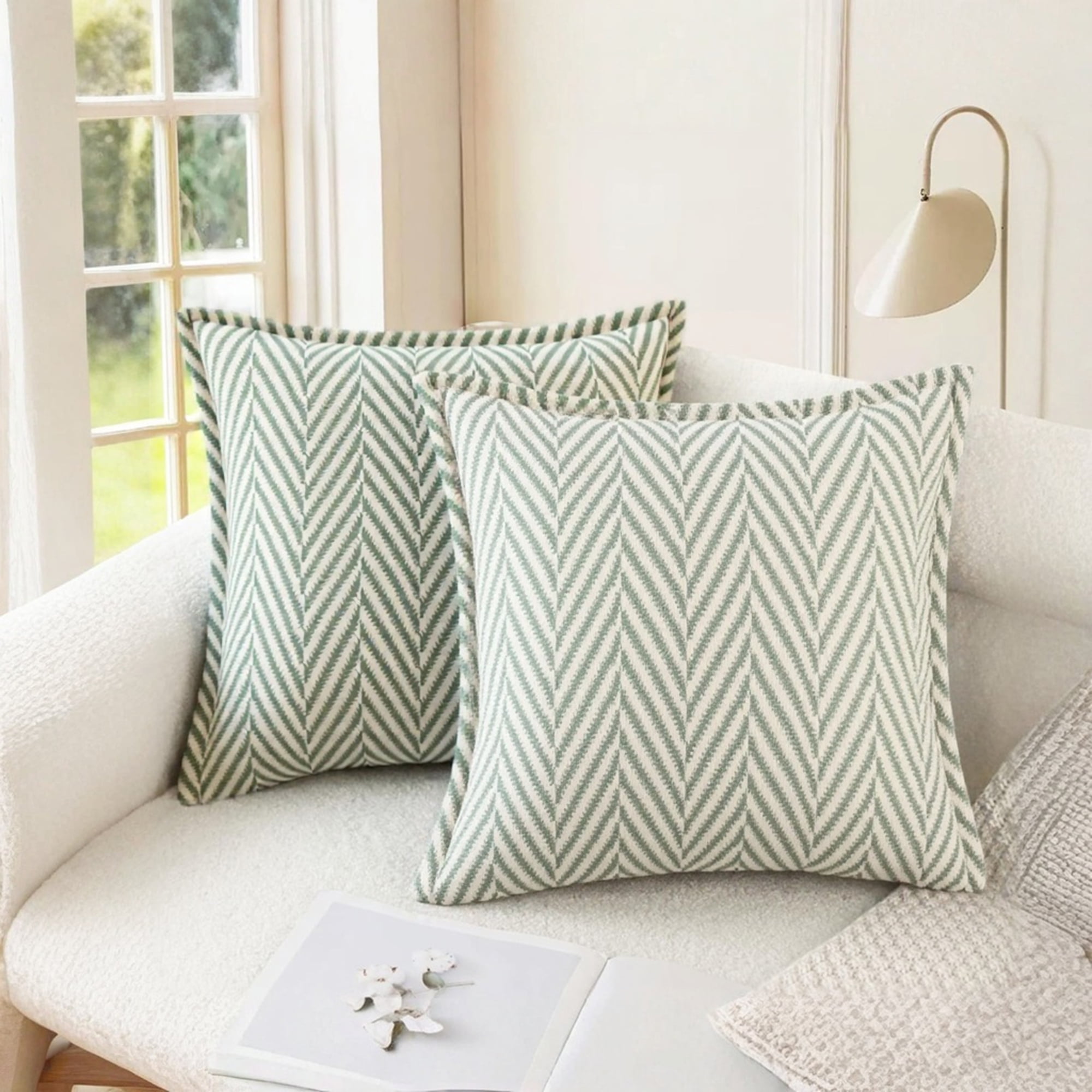 Unique Bargains Pack of 2 Chenille Soft Striped Modern Throw Pillow Covers White Green