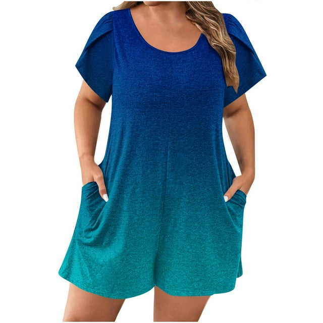Économies d'Été! SROBPTY Combinaisons pour Femmes, Mode Col Rond Court Grande Taille Manches Bouffantes Poches Imprimées Combinaison Décontractée Tendance Bleu Foncé, S