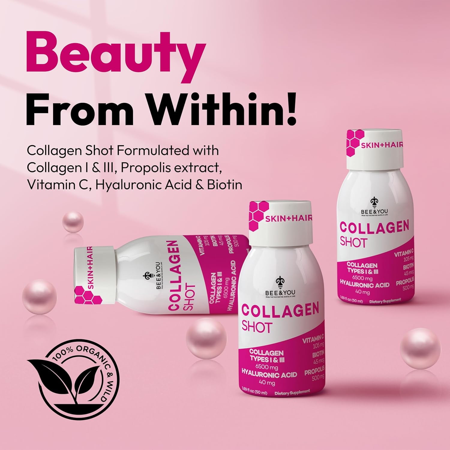 BEE and YOU Collagen Liquid Shot Drink with Vitamin C, Hyaluronic Acid, Biotin - Promotes Skin, Hair, Nail and Joint Health, 1.69 fl. Oz x 12 Bottles