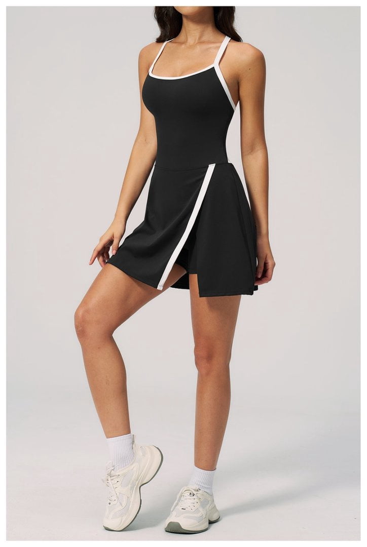 PISONIC Womens Workout Athletic Mini Dress with Built-in Shorts Sleeveless Cutout Tennis Dress