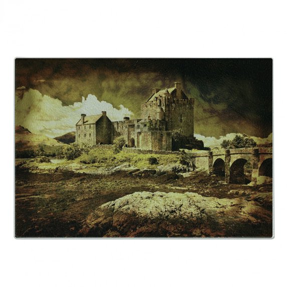 Medieval Cutting Board, Old Scottish Castle Vintage Style European Middle Age Culture Heritage Town Photo, Decorative Tempered Glass Cutting and Serving Board, Small Size, Grey Green, by Ambesonne