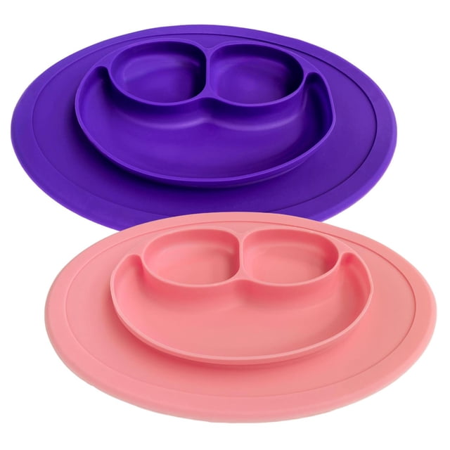 Kit de Platos y Baberos de Silicona DARA BABY Rosa/Morado Antideslizante para Bebé