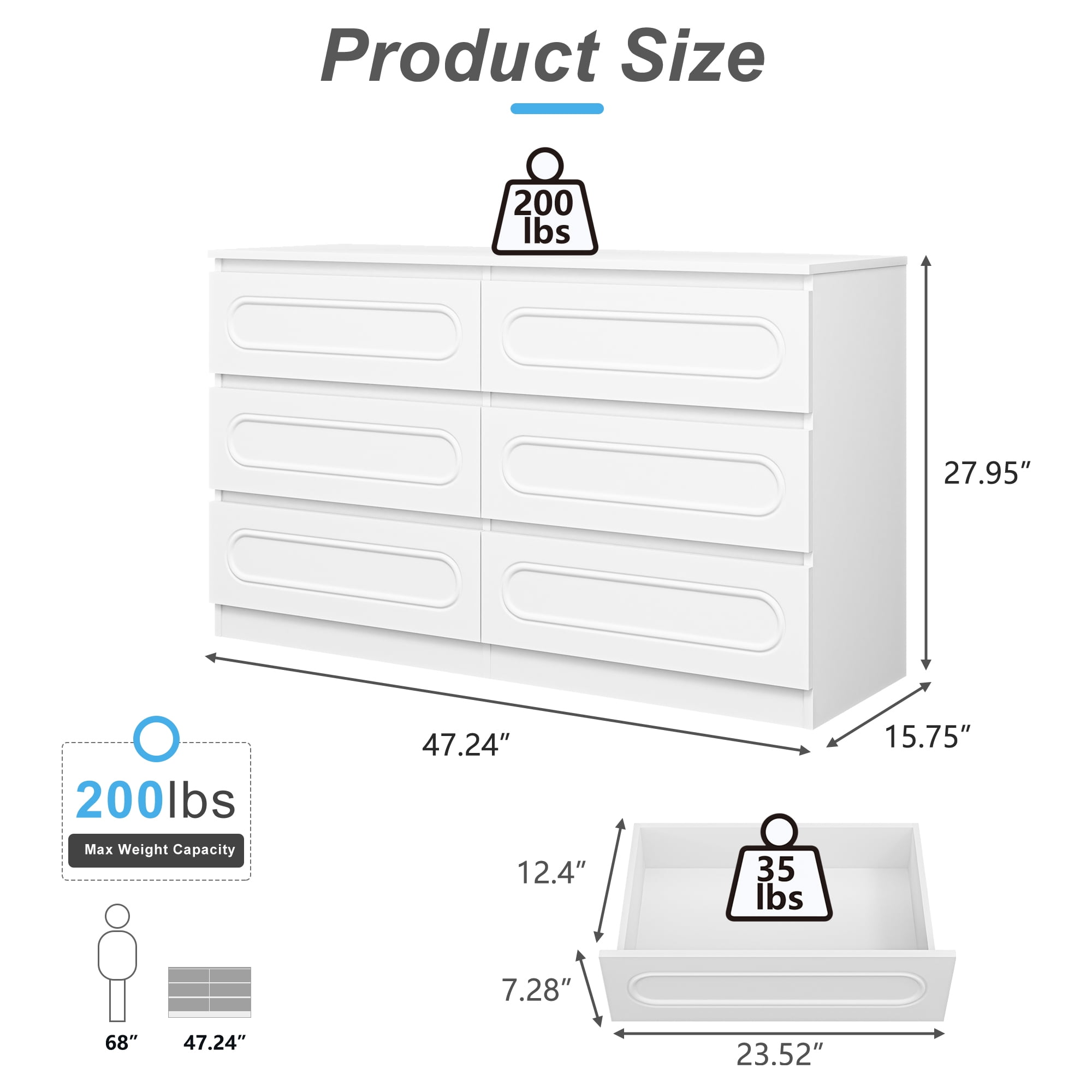 Demi Bonn 6-Drawer Double Dresser for Bedroom, 47" Chest of Drawers with Hidden Handle Wood Oval Pattern Drawer Fronts, Modern Bedroom Furniture, White