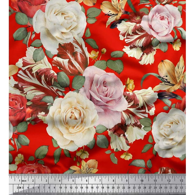 Soimoi Red polyester Crepe Fabric Leaves & Rose Floral Print Fabric by the Yard 52 Inch Wide