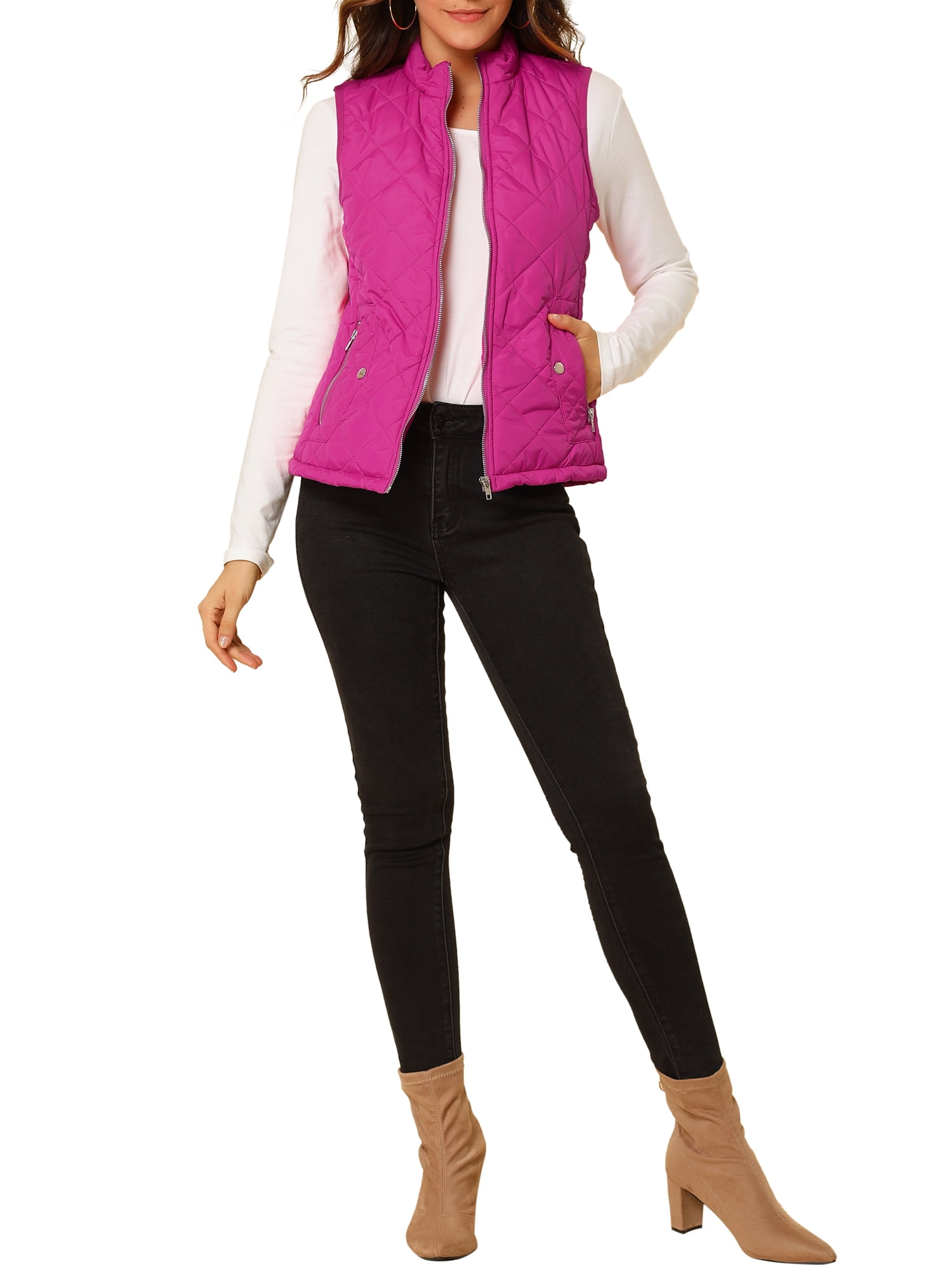 DARING DIVA Women's Zip Stand Collar Quilted Padded Vest XL Fuchsia