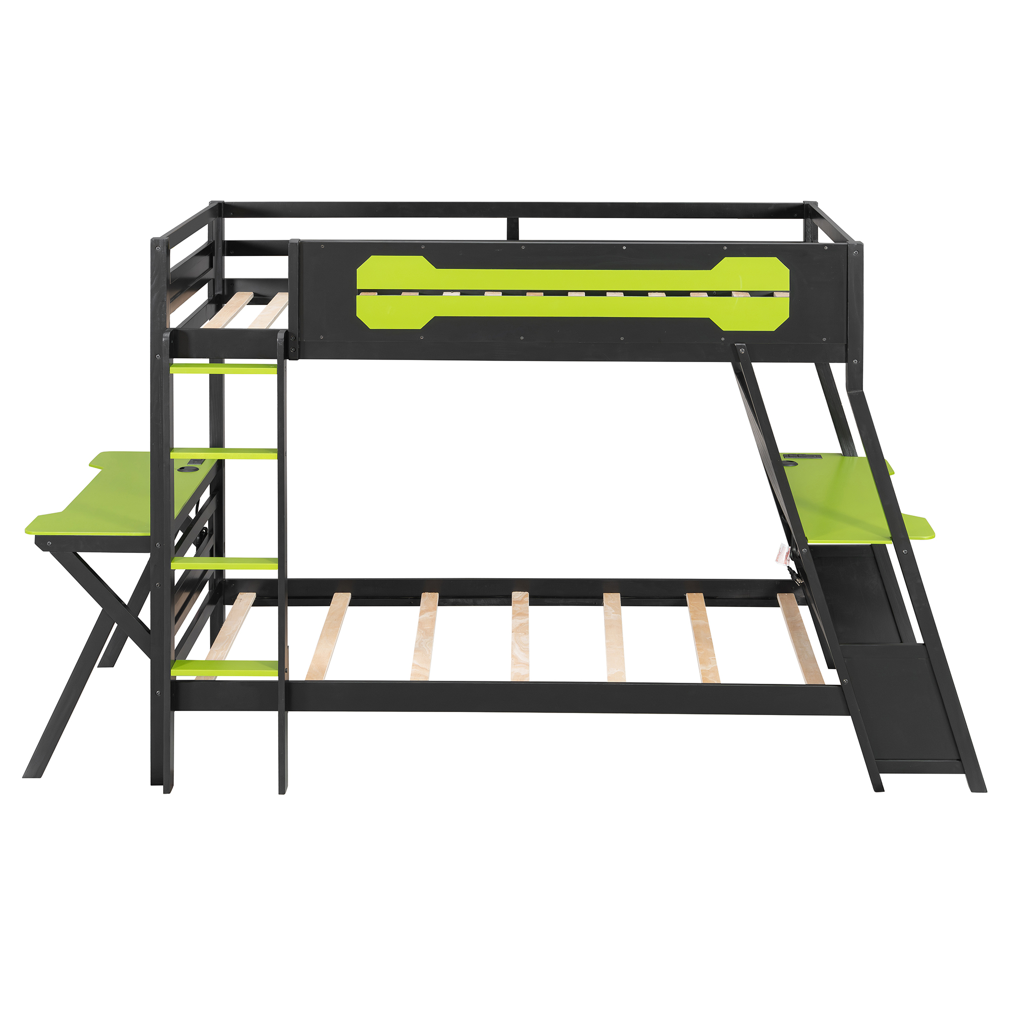 Mintazer Twin Over Twin Gaming Bunk Bed with Dual Desks, E-Sport Bunk Bed with USB Desktop Ports & Pegboard Storage for Bedrooms Dorm, Green