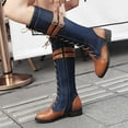 thumbnail image 3 of Knee High Boots Women Fashion Splice Leather Denim Lace up Zipper Mid Calf Motorcycle Boots Lug Sole Low Heel Trendy Buckle Straps Tall Boots, 3 of 7