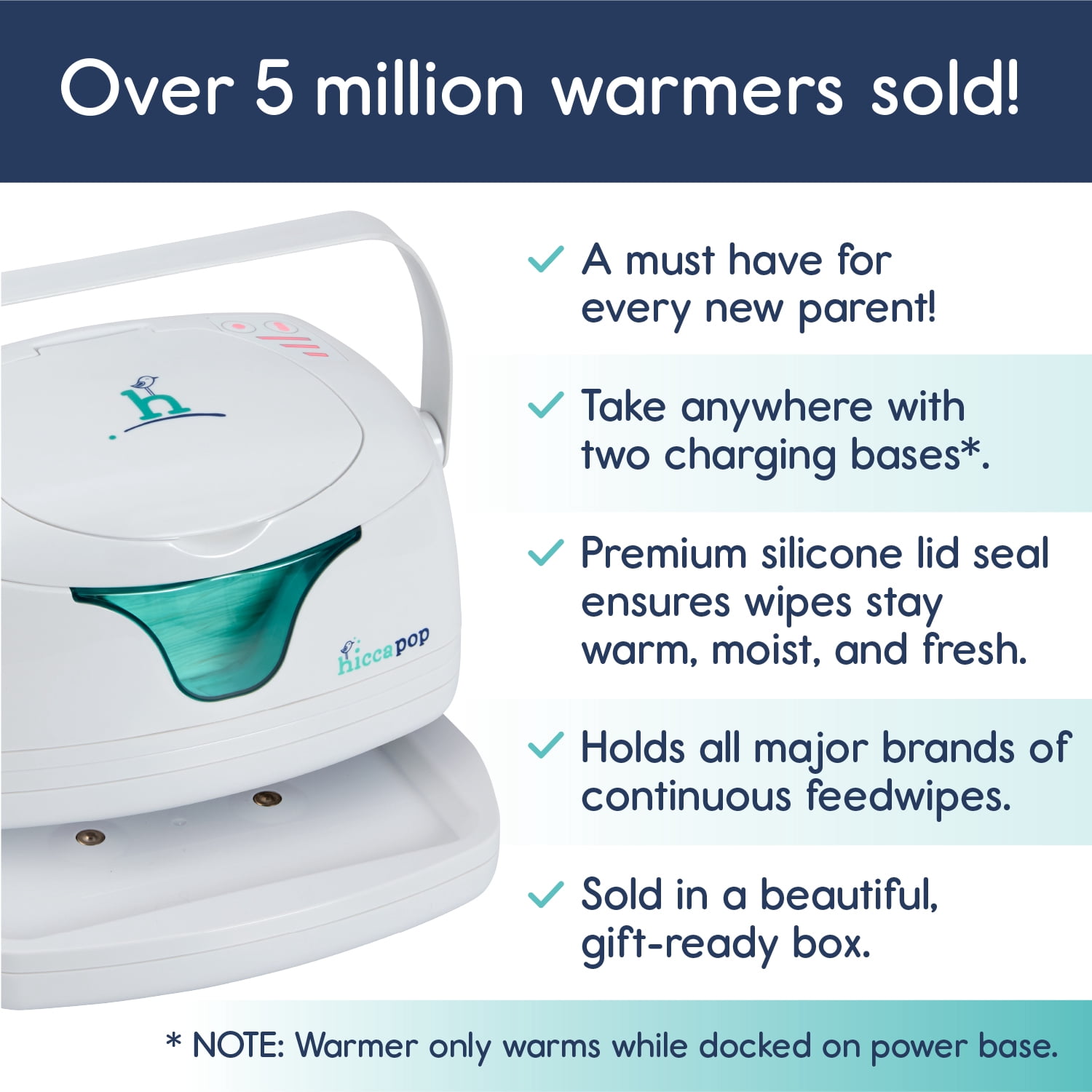 Hiccapop Portable Baby Wipe Warmer and Wet Wipes Dispenser with 2 Charging Bases and Changing Light