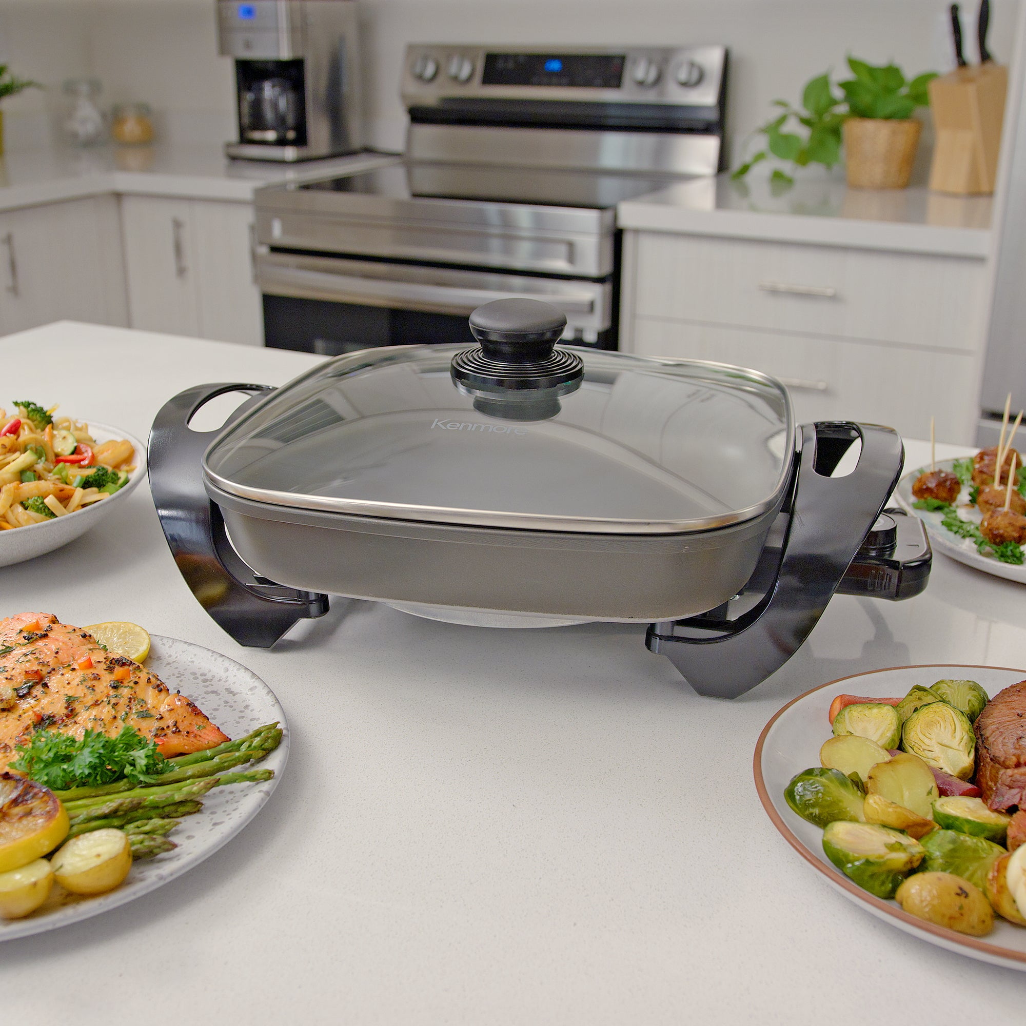 Kenmore Non-Stick Electric Skillet with Tempered Glass Lid, Black and Gray, Deep-Dish Frying Pan, 12" x 12" Cooking Surface, Vented Lid, One-Pot Cooking, Grill, Saute, Stir-Fry, Stew