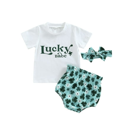 

Newborn Baby Girl St Patrick s Clothes Letter Print Short Sleeve Romper T-Shirt Ruffle Shorts 3Pcs Outfit Set