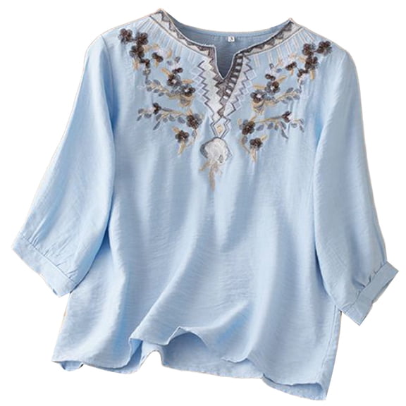 Wovix Cotton Linen Shirts for Women Summer V Neck Boho Retro Embroidered Tops Elbow Sleeve Plus Size Loose Tunics Blue L