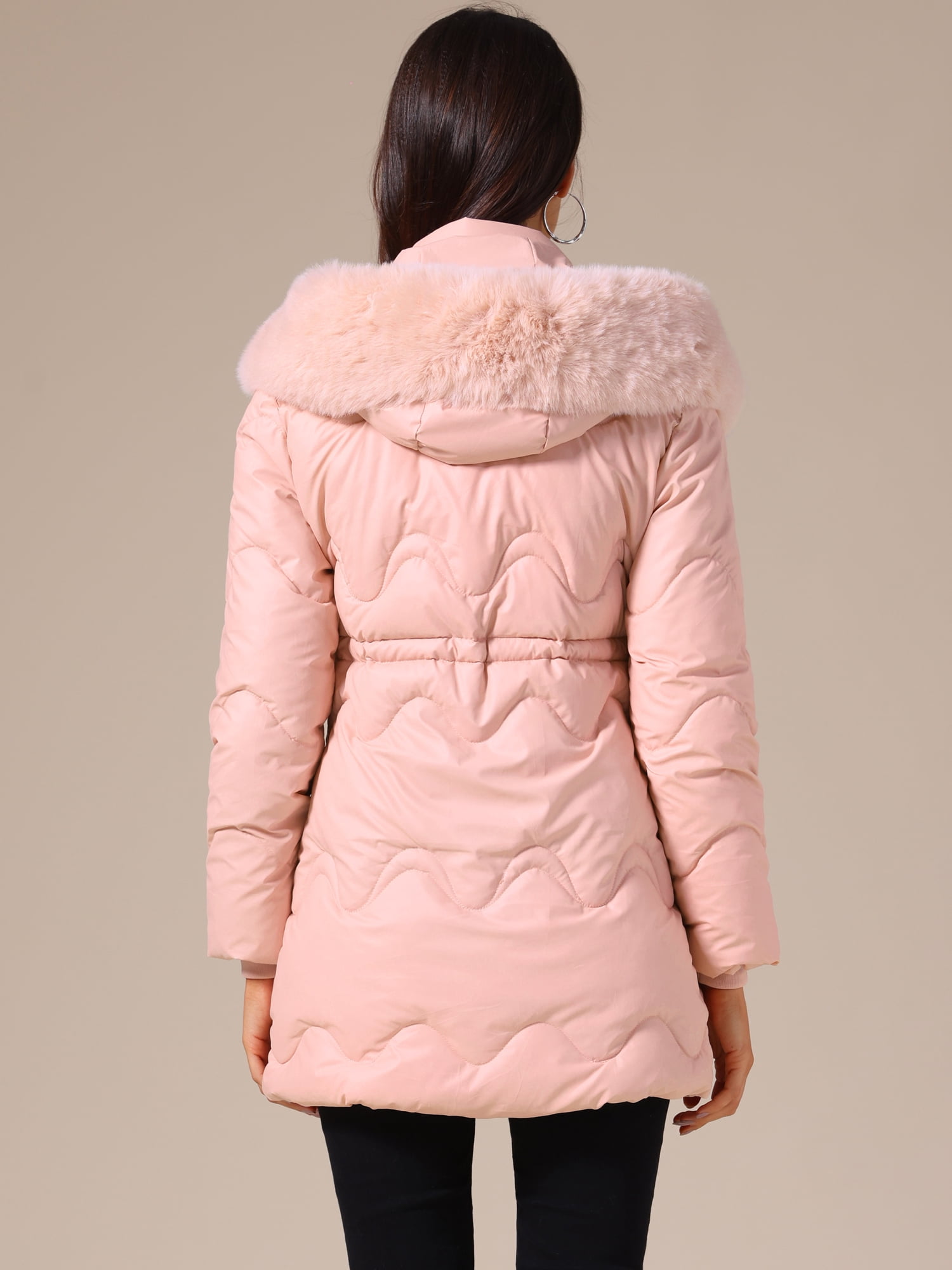 DARING DIVA Women's Drawstring Waist Removable Hooded Parka Jacket M Pink