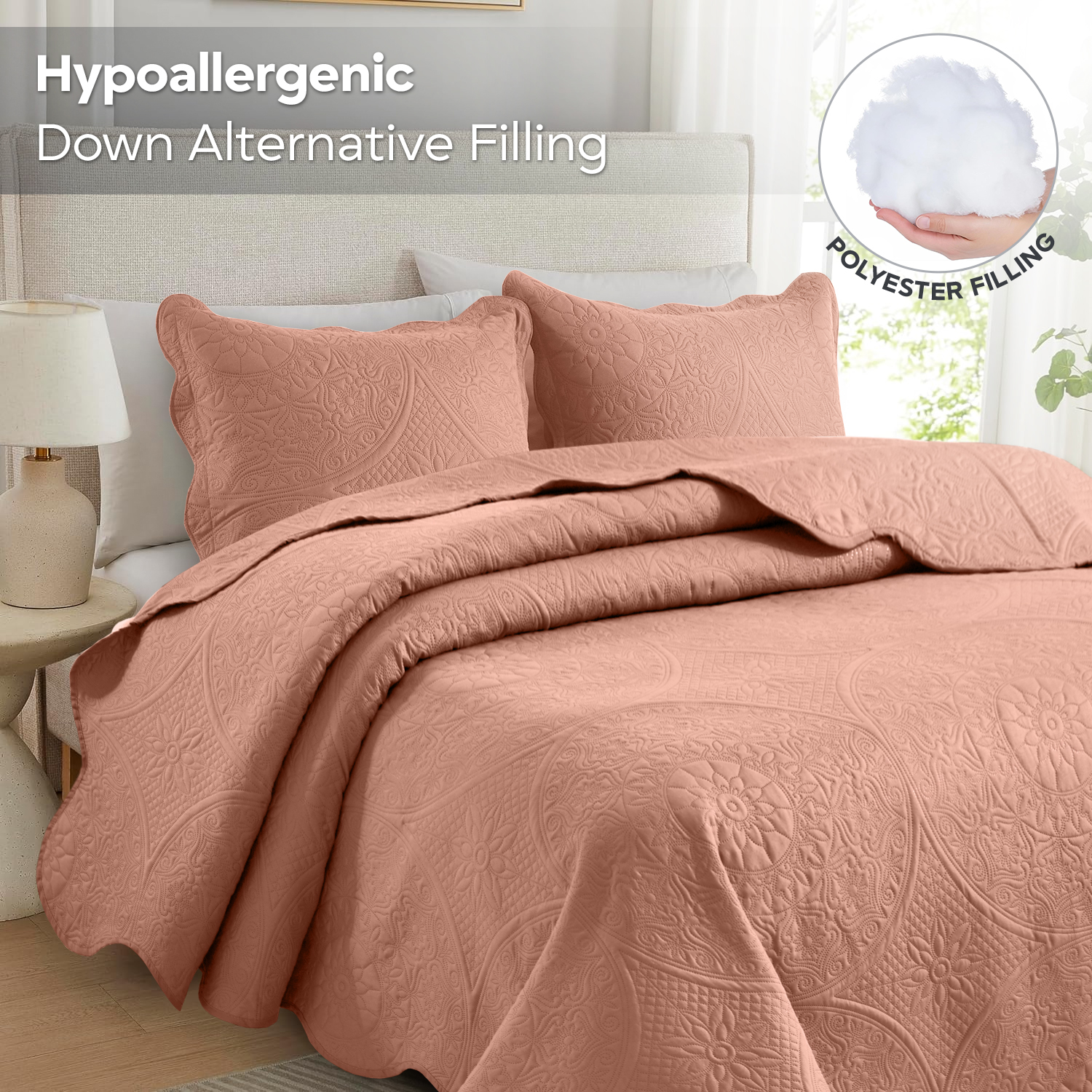 Ameha 3 Piece Reversible Quilt Set Ultra Soft Floral Coverlet Microfiber Bedding Set Queen Peach All Season