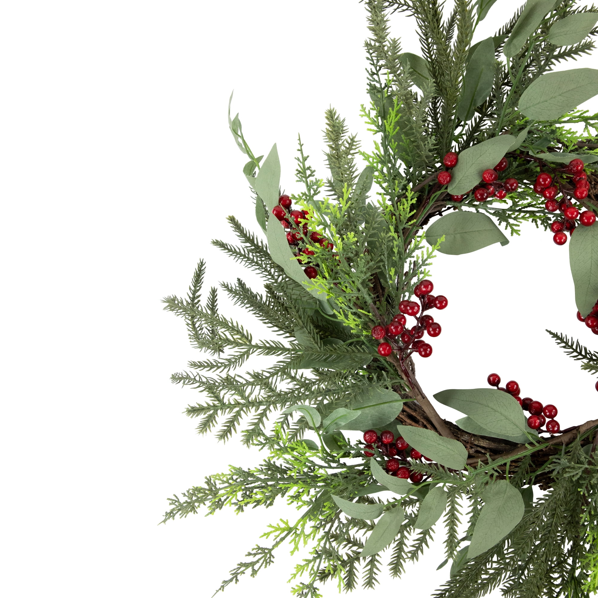Mixed Foliage and Red Berries Artificial Christmas Wreath 24-Inch Unlit