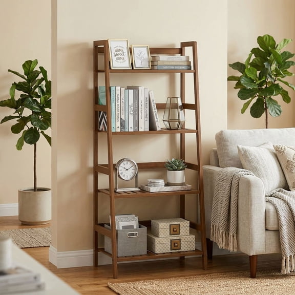 Resenkos 4-Tier Bamboo Plant Rack with Guardrails, Stable Space-Saving Storage Shelf for Home and Garden, Walnut Brown