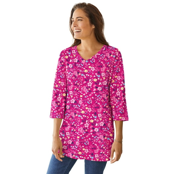 Woman Within Plus Size Perfect Printed Three-Quarter-Sleeve V-Neck Tunic