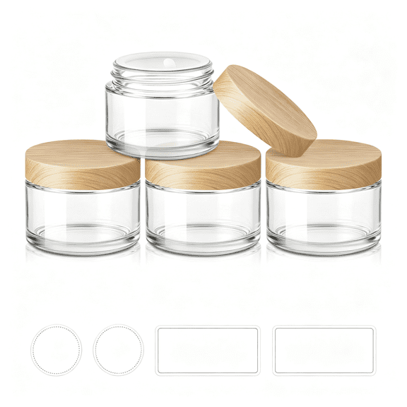 BPPEG 1 Oz Glass Jars with Lids, Small Glass Containers with Plastic Woodgrain Lids & Inner Liners, Reusable Travel Containers for Creams, Makeup, Lotion, Cosmetic 4 Pack